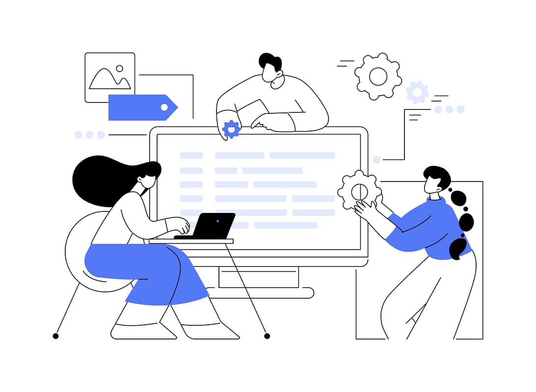 Software development team abstract concept vector illustration. Remote teamwork, digital team on demand, professional, certified software developer, hire outsource company abstract metaphor.