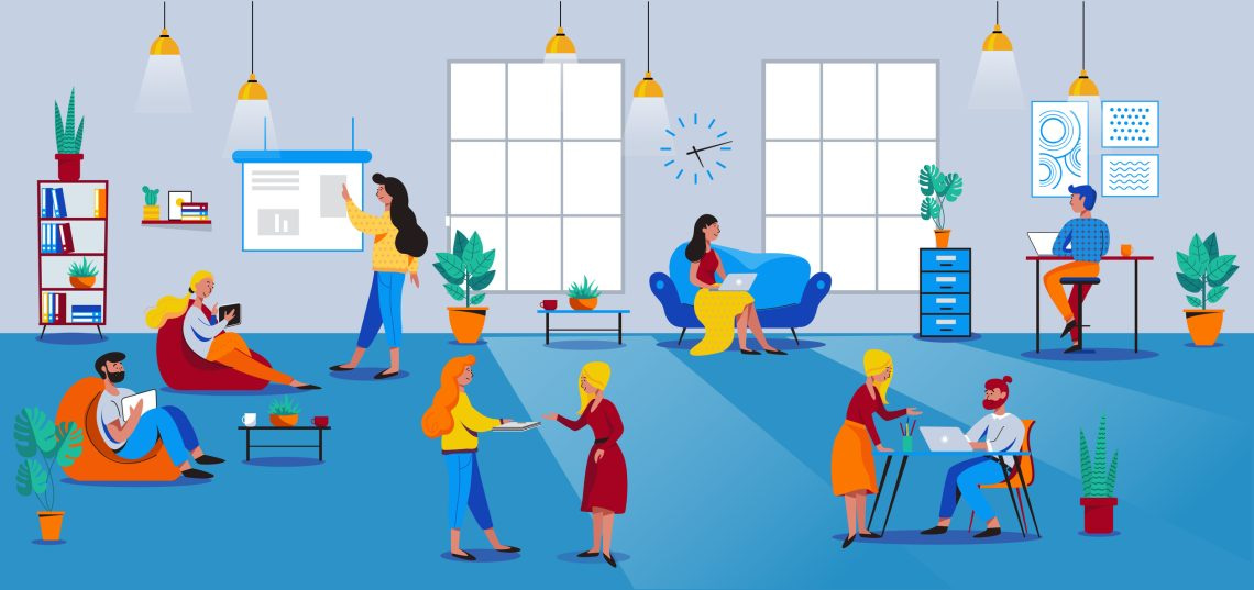 location two with People working in open space workplace. Coworking, freelance, teamwork, interaction, idea, independent activity concept. Vector illustration on blue background