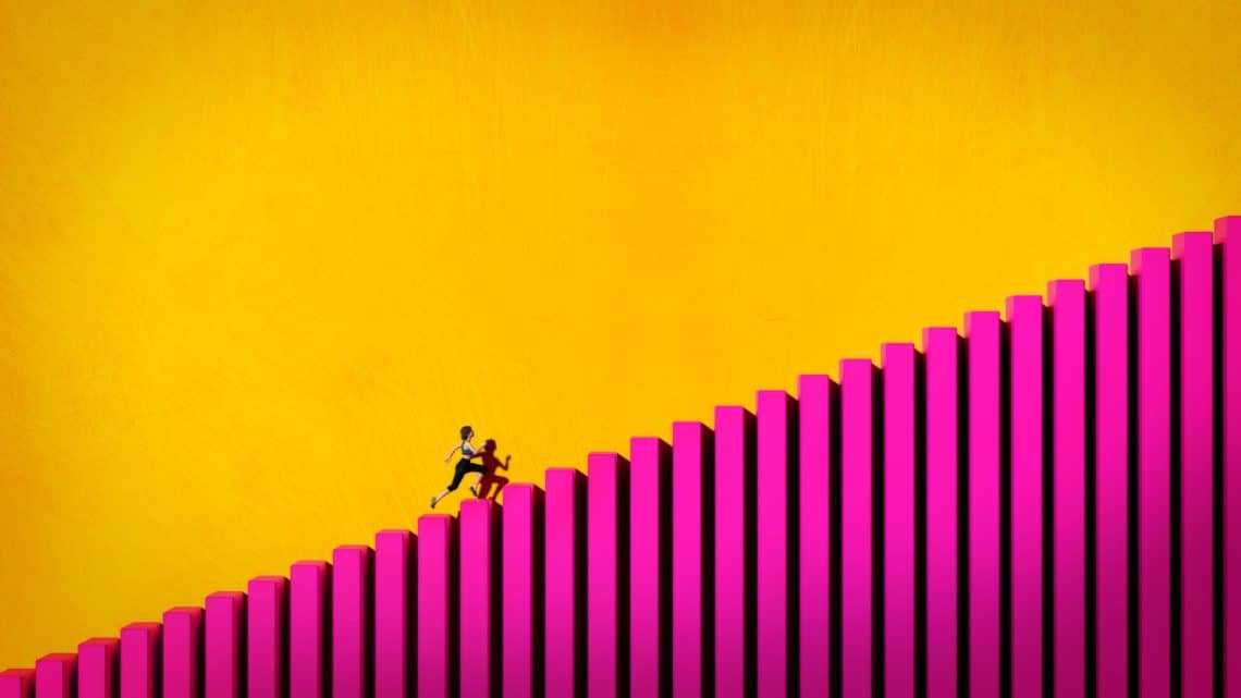 3D illustration of a girl running up a bar graph. Success concept.