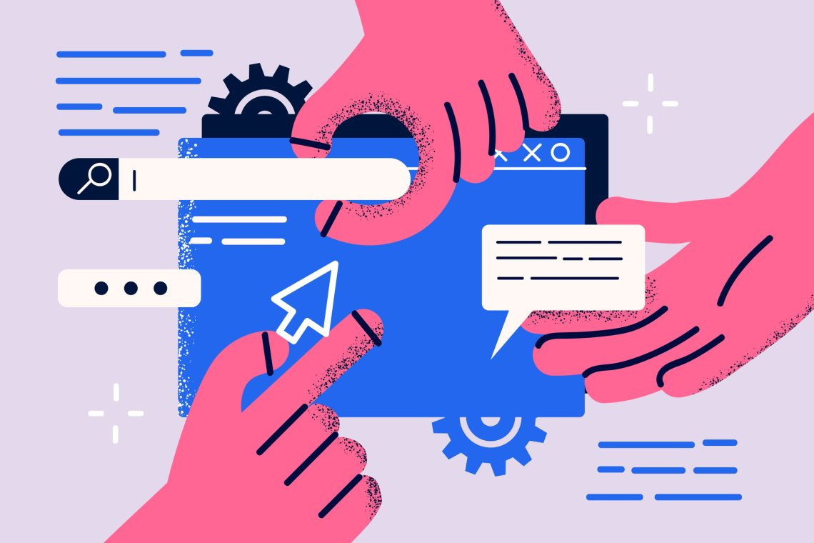 Landing page, programming, research concept. Hands of workers working on website or application, ui ux design and programming as team of designers vector illustration