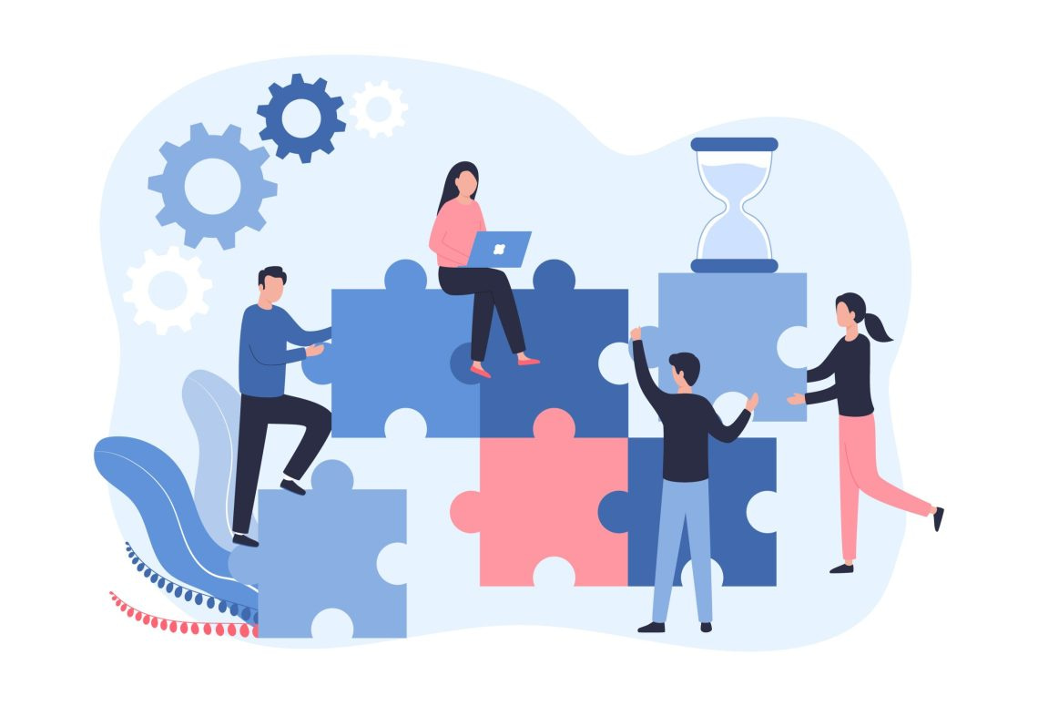 Concept work in a team of young professionals, developers, marketers. Men and women assemble puzzles while working together. Programmers, support service. Flat vector illustration on white background.