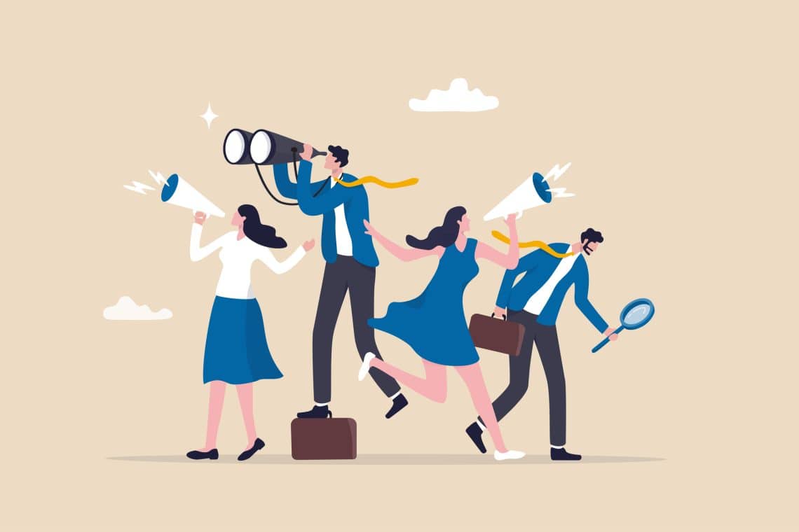 Recruitment, human resources searching for candidate, hiring or finding staff for vacancy, marketing search for client or customer concept, business people searching with binoculars and megaphone.